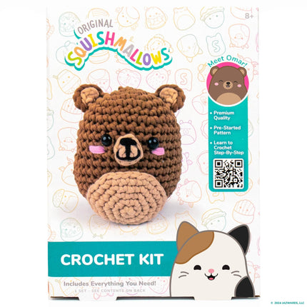 Squishmallows Omar the Bear Crochet Kit for Beginners, Adults and Kids Ages 8+ - Complete DIY Beginner Starter Set with Hook, Soft Yarn Bundles & Instructions - Crochet Animal Craft Gifts