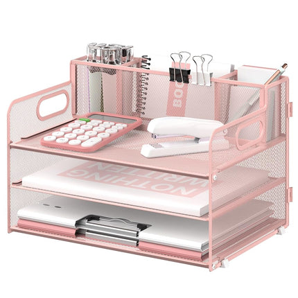 SUPEASY 3 Tier Desk Organizer with Handle & 3 Pen Holders, Mesh Paper/File Organizer for Desk, Paper Letter Tray Organizer for Office Supplies (Cute Pink)