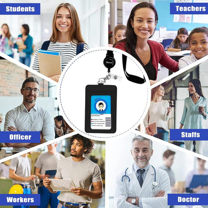 bolimoss Black Leather Badge Holder with Retractable Reel, Quick Release Buckle and Safety Adjustable Breakaway Lanyards with Swivel Metal Clasp Lanyard for Teacher Students Offices Staff Nurse