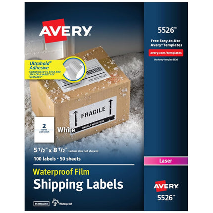 Avery Waterproof Shipping Labels with TrueBlock, 5.5" x 8.5", 100 White Laser Labels (5526)