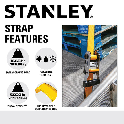 STANLEY S50002 Black/Yellow 1.5" x 16' Heavy-Duty Ratchet Straps (5,000 lb Break Strength), 2 Pack