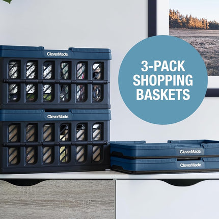 Panier de courses pliable CleverMade, Obsidienne, lot de 3 - 24 L (6 gal) Paniers de courses en plastique réutilisables, supporte 11,3 kg par panier - Petites caisses de rangement pliables avec poignées