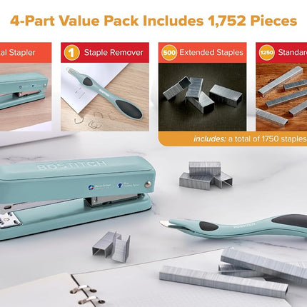 Bostitch Titan Heavy Duty Metal Stapler, 50 Sheet Capacity with 1250 Staples and Ergonomic Staple Remover, Jam Free Stapling, Full Strip Stapler for Desk, Office and Classroom, Sage