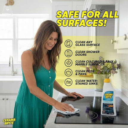 Cerama Bryte Combo Kit POW-R Grip, Scraper, Pad & Removes Tough Stains Cooktop and Stove Top Cleaner for Glass - Ceramic Surfaces, 10 Ounces, 4 Piece