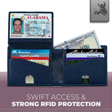 RFID Bifold Leather Wallet for Men with Flip Up ID in Vintage Buffalo Brown, Power Blue - Wild Buffalo Blue, Classic