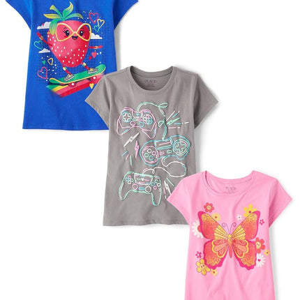 Lot de 3 tee-shirts graphiques à manches courtes pour filles The Children's Place, Motifs papillon/fraise/manette, Petite taille