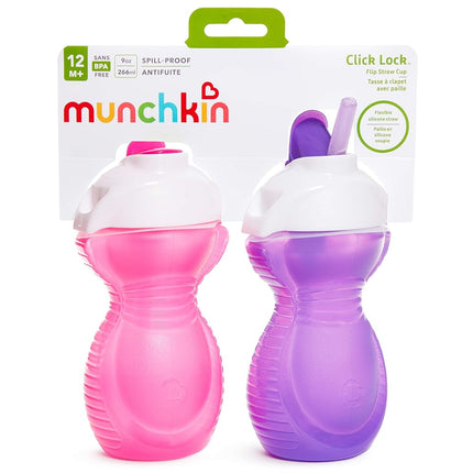 Click Lock Flip Straw Cup, Pink/Purple, 9 Ounce, 2 Count