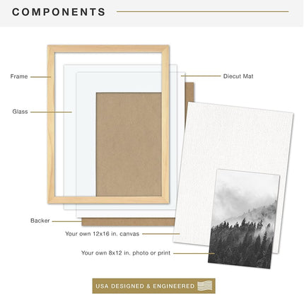 MCS Gallery Wooden Frame for Canvas, Art Boards, Photos and more, Natural, 12x16 with 8x12 Mat