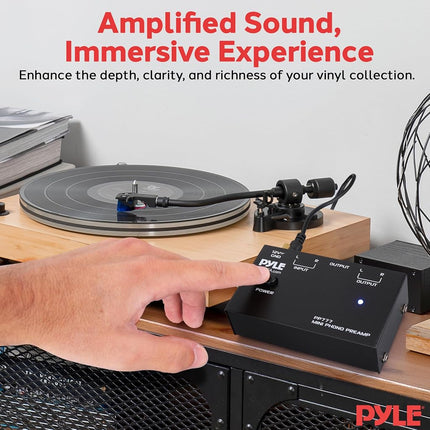 Pyle Phono Turntable Preamp - Mini Audio Stereo Phonograph Preamplifier with RCA Inputs & Outputs, Low Noise Operation, 12V DC Adapter Powered, Compatible with Turntables, Receivers, Speakers & More