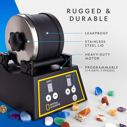 National Geographic Professional Rock Tumbler Kit- Advanced Features Include Shutoff Timer and Speed Control - 907 Gram Barrel, 453 Grams of Gemstones, 4 Polishing Grits, GemFoam, Jewelry Fastenings