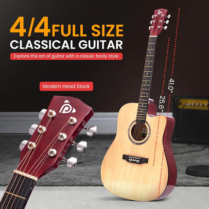 Pyle Beginner Cutaway Acoustic Guitar Kit, 4/4 Full Size All Wood Dreadnought Stringed Instrument with Gig Bag, Steel Strings, Picks, Strap, Capo, For Students and Adults, Natural