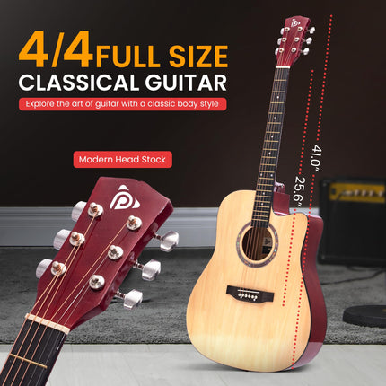 Pyle Beginner Cutaway Acoustic Guitar Kit, 4/4 Full Size All Wood Dreadnought Stringed Instrument with Gig Bag, Steel Strings, Picks, Strap, Capo, For Students and Adults, Natural