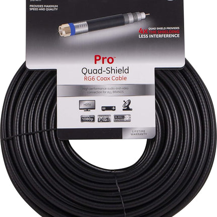 GE RG6 Coaxial Cable, 100 ft. F-Type Connectors, Quad Shielded Coax Cable, 3 GHz Digital, In-Wall Rated, Ideal for TV Antenna, DVR, VCR, Satellite, Cable Box, Home Theater, Black, 34842