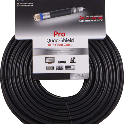 GE RG6 Coaxial Cable, 100 ft. F-Type Connectors, Quad Shielded Coax Cable, 3 GHz Digital, In-Wall Rated, Ideal for TV Antenna, DVR, VCR, Satellite, Cable Box, Home Theater, Black, 34842