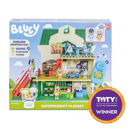 Bluey Supermarket Playset, 3 Different Levels With Exclusive Bluey and Bingo Figures. Includes Working Escalator, 24 Sounds and 15+ Play Pieces Plus Fun Intercom, Over 40cm (15") Tall.