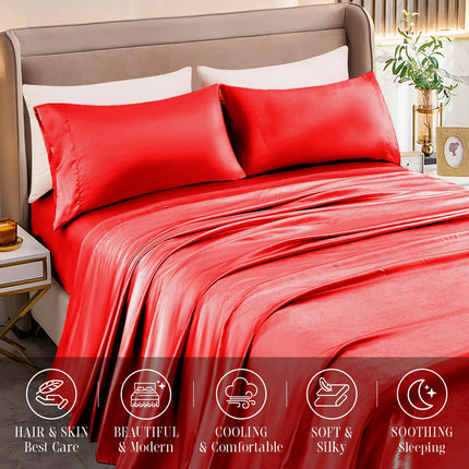 Elegant Comfort Luxurious 4-Piece Silky Satin Sheet Set, Skin and Hair Friendly, Wrinkle, Fade, Stain Resistant with Deep Pockets Fitted Sheet, Cooling Soft Satin Sheet Set, Twin, Red