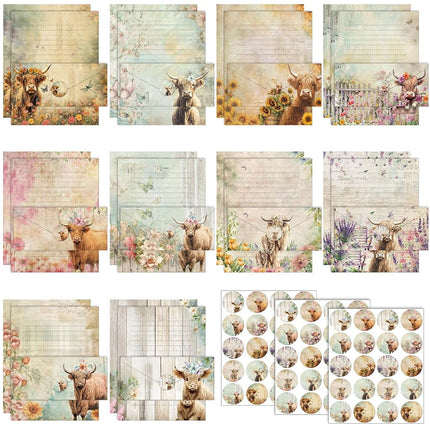 TaoBary 160 Pcs Floral Highland Cow Stationery Pap