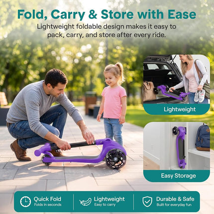 SereneLife Kids Scooter for Ages 3–7 – 3 Wheel Kick Scooter with Seat Option, Light-Up LED Wheels, Lean-to-Steer, Foldable, Adjustable Height, 50 kg Capacity