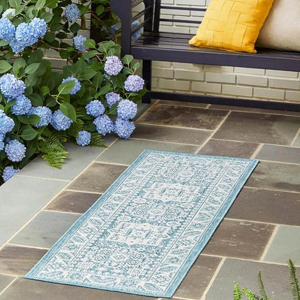 Unique Loom Outdoor Aztec Collection Area Rug - Chalca (2' 7" x 12' Runner, Aqua/Ivory)