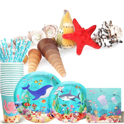Under The Sea Birthday Party Supplies Decorations, Ocean Theme Paper Plates and Napkins Set for 24 Guests, 120 Pcs Disposable Sea Animals Party Dessert Dinnerwares