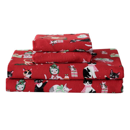 Elegant Comfort Ultra Soft 4-Piece 100% Turkish Cotton Flannel Sheet Set - Holiday Christmas Flannel Sheets, Warm and Cozy Premium Quality, Deep Pocket Fitted Sheet- Twin, Cats in Holiday