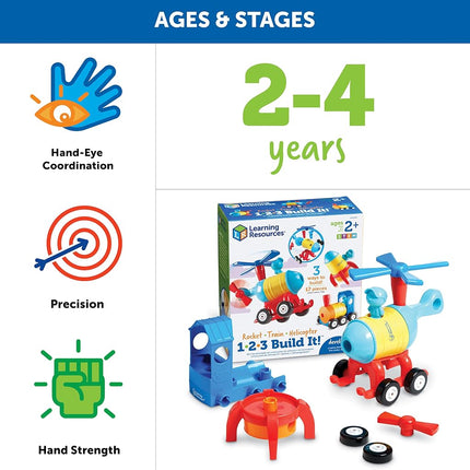 Learning Resources 1-2-3 Build It - Rocket-Train-Helicopter, Fine Motor Toy, Kids Building Set