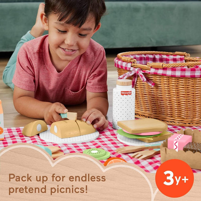 Fisher-Price Wood Pretend Play Toy Picnic Basket, 31-Piece Wooden Food Playset for Preschool Kids Ages 3+ Years, HXT81