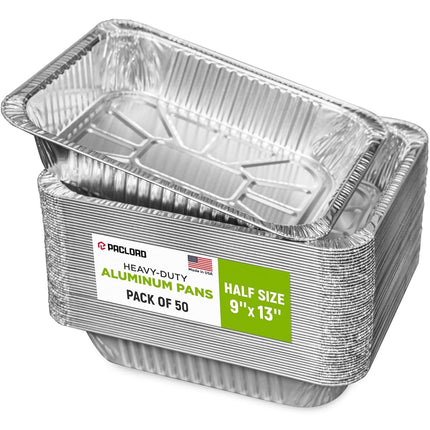 Paclord Aluminum Foil Pans - Half-Size 9" x 13", Pack of 50 - USA-Made Disposable Aluminum Trays for Steam Table & Chafing Racks - Great for Baking, Catering, BBQ, Parties, Food Delivery