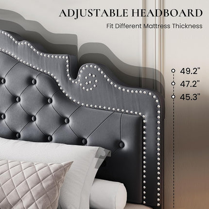 SHA CERLIN Full Size Bed Frame with Adjustable Headboard/Velvet Upholstered/Diamond Button Tufted and Metal Studs/No Box Spring Needed/Wooden Slat Support/Easy Assembly/Light Grey