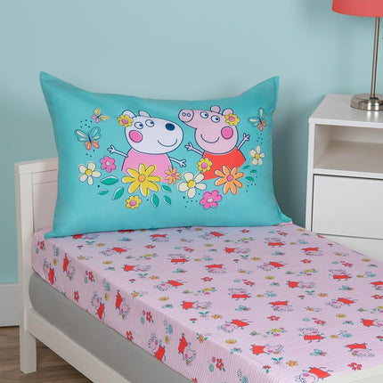 NoJo Peppa Pig 2 Piece Toddler Sheet Set Fitted Bottom Sheet and Reversible Pillowcase, Pink and White