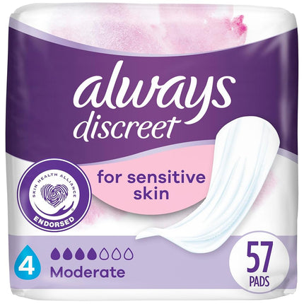 Always Discreet Incontinence Pads for Bladder Leaks Sensitive Skin Pads Moderate Absorbency, 57 Count (Packaging May Vary)