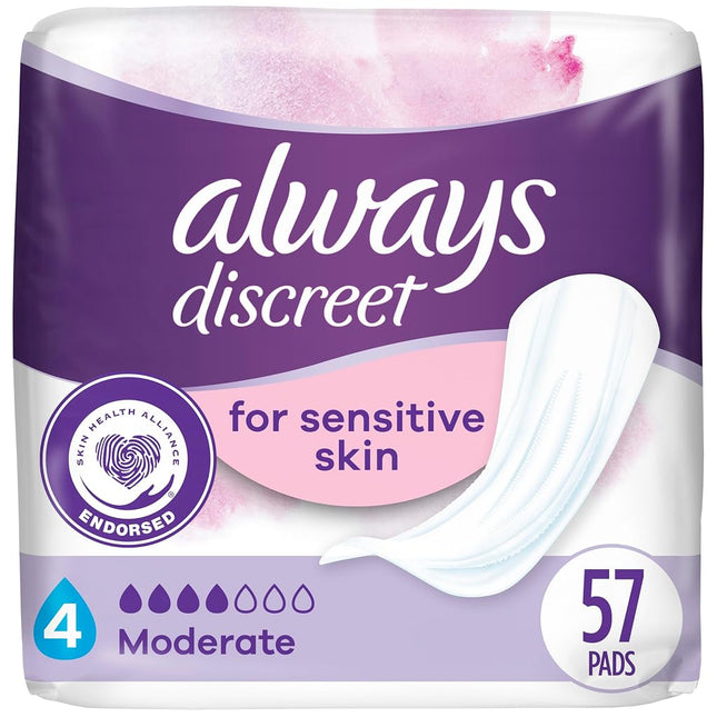 Always Discreet Incontinence Pads for Bladder Leaks Sensitive Skin Pads Moderate Absorbency, 57 Count (Packaging May Vary)