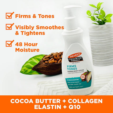 Palmer's Cocoa Butter Formula Skin Firming Body Lotion, Toning & Tightening Cream with Q10, Collagen & Elastin, Pump Bottle, 400ml/13.5 Oz.