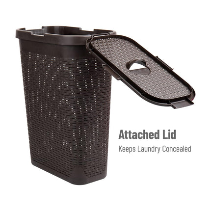 Mind Reader 40L Slim Laundry Hamper, Clothes Basket, Lid, Wicker Design, Plastic, 18"L x 10.4"W x 23.5"H, Brown