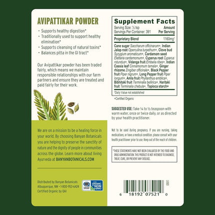 Banyan Botanicals Organic Avipattikar Powder - 1 lb - with Cardamom, Vidanga, Ginger - Traditional Ayurvedic Formula to Soothe The Digestive Tract*- Non-GMO Sustainably Sourced No Additives