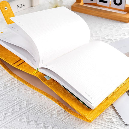 Ox Knight A5 Leather Planner Cover for Hobonichi Cousin, Stalogy, Midori, Leuchtturm1917, and More - with Pen Loop, Card Slots, Back Pocket, and Bookmarks (Yellow)