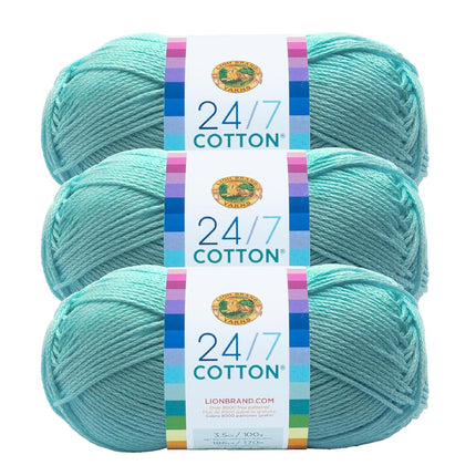 Lion Brand 24/7 Cotton Yarn, Yarn for Knitting, Crocheting, and Crafts, Aqua, 3 Pack, 761-102A