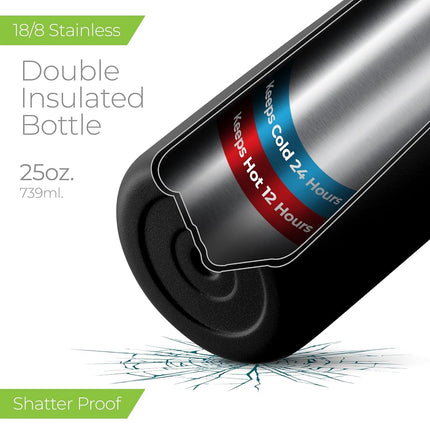 SipX™ Insulated Water Bottle with 3 Lids 25 oz (740 mL). Leakproof Stainless Steel, Triple Insulated – Cold 24 Hours/Hot 12 Hours – Durable Bottle for School, Gym, Travel – Black