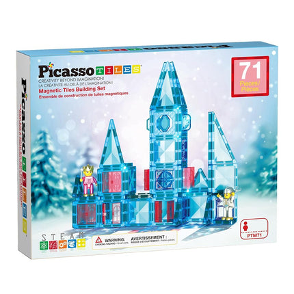 PicassoTiles 71pc Mini Diamond Series Winter Ice Theme Magnetic Tile Building Blocks 2 Character Action Figures Travel Size On-The-Go Magnet Construction Toy Set STEM Development Kit Ages 3+ PTM71