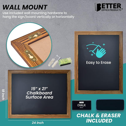 Better Office Products Magnetic Wall Chalkboard, Large Size 18 x 24, Rustic Wood Frame, Chalkboard Sign, Vertical or Horizontal Wall Mount, Includes Chalk and Eraser, by (Rustic Brown)