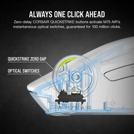 Souris gaming FPS ultra-légère sans fil Corsair M75 AIR – 26 000 DPI – Entrée ultra-rapide – Forme symétrique – Compatible iCUE – PC, Mac – Blanc