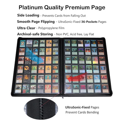 Grin Owl 36‑Pocket Ringless Trading Card Binder – Holds 2304 Cards, Side‑Loading Black Pages, Zipper Collection Album for TCG & Sports Cards (Purple)