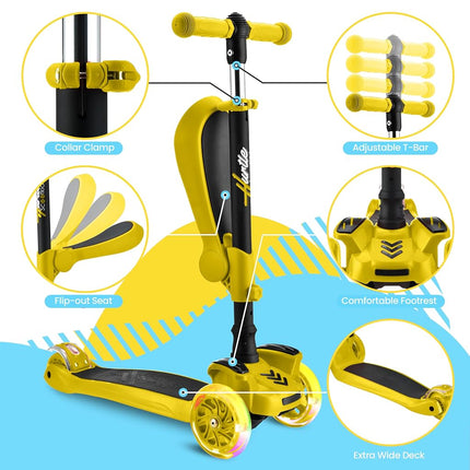 Hurtle 3 Wheeled Scooter for Kids - 2-in-1 Sit/Stand Child Toddlers Toy Kick Scooters w/Flip-Out Seat, Adjustable Height, Flashing Wheel Lights, Great for Indoor/Outdoor Fun, Yellow