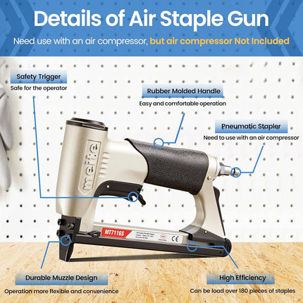 meite MT7116S Upholstery Stapler - 22 Gauge 71 Series 3/8" Crown or C-Crown Fine Wire Stapler with Safety (1/4" to 5/8" #MT7116S)
