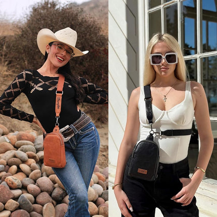 Wrangler Crossbody Sling Bags for Women Cross Body Fanny Pack Purse with Detachable Strap, A-Leather Black