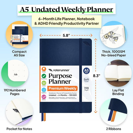 Purpose Planner Notebook A5 5.8”x8.3” Undated Daily Planner 2024-2025 Daily Weekly and Monthly Productivity Goal Setting Tool for Work Home ADHD Planner for Adults Self Care Journal (Navy Softcover)