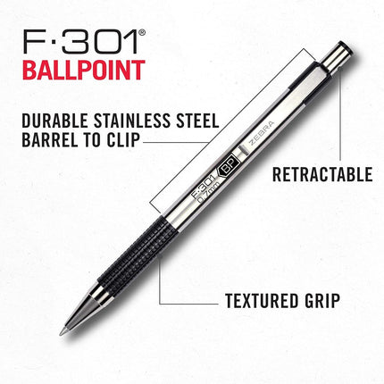 Zebra Pen F-301 Retractable Ballpoint Pen, Stainless Steel Barrel, Fine Point, 0.7mm, Black Ink, 4-Pack (Packaging May Vary)