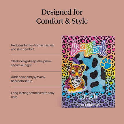 Kitsch x Lisa Frank Satin Pillowcase with Zipper for Hair & Skin, Softer Than Silk Pillow Cases Queen, Wrinkle-Free, Smooth and Cooling Satin Pillow Covers Standard/Queen Size 19x26 - Rainbow Leopard