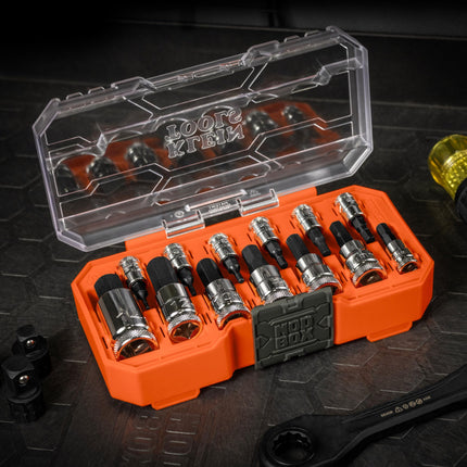 Klein Tools 65213HEXM Knurled Hex Bit Socket Set, 1/4, 3/8 and 1/2-Inch Drives, Premium Cr-V Steel, Metric Sizes 2 mm to 14 mm, MODbox Case, 13-Piece