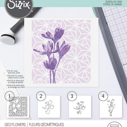 Sizzix Layered Stencils 4PK Geo Flowers by Olivia Rose, One Size